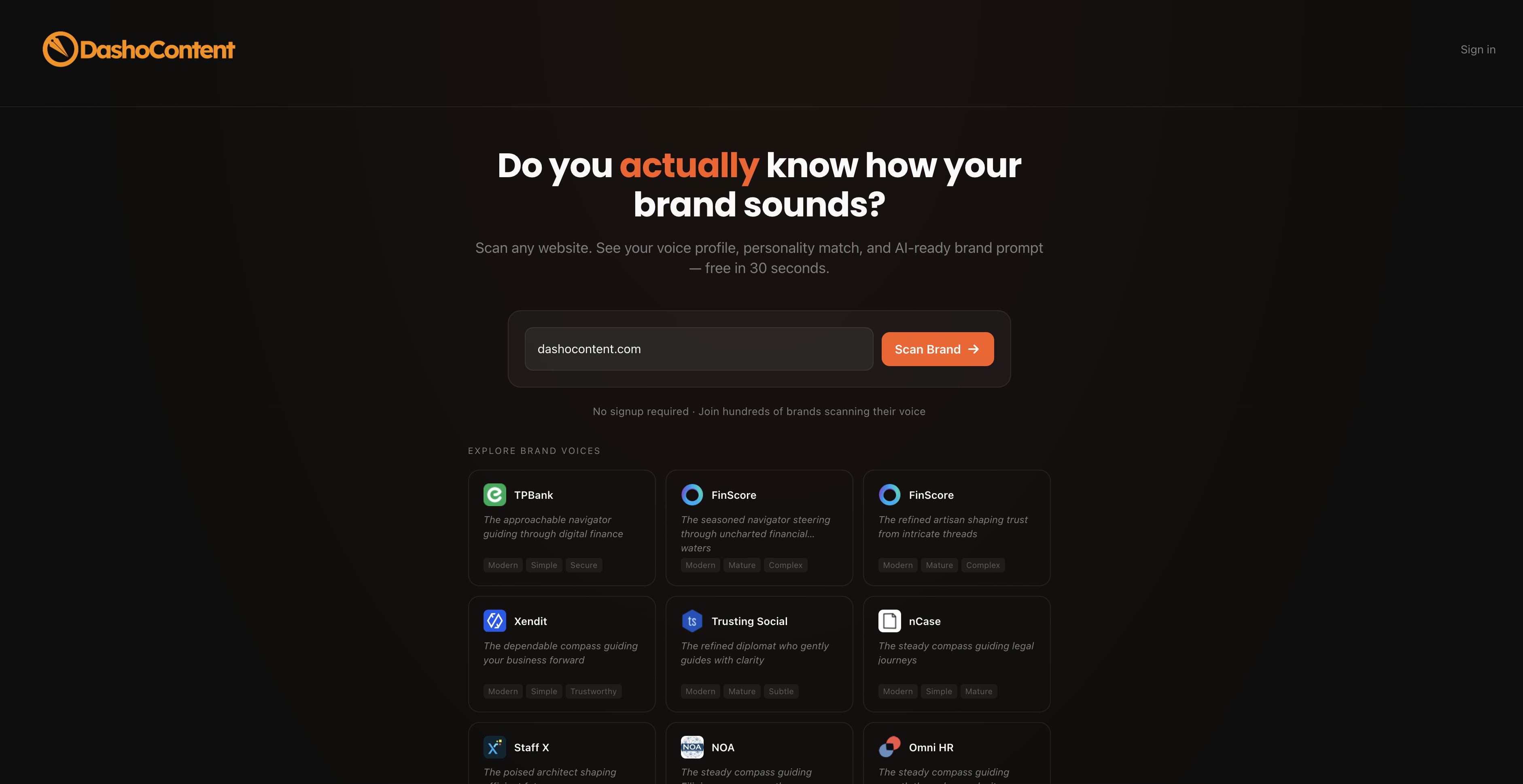 DashoContent Brand Voice Scanner landing page.