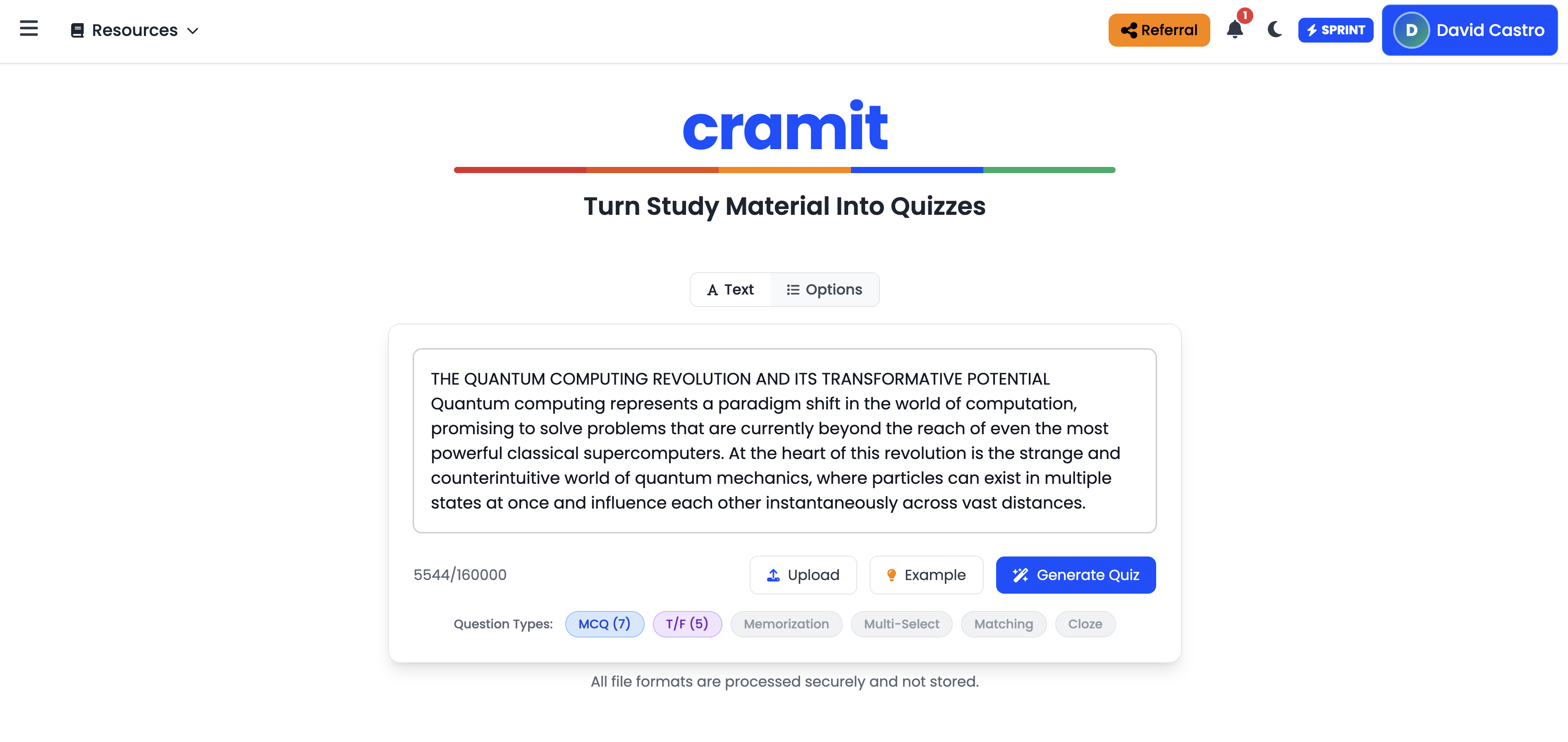 CramIt interface turning study material into quizzes.