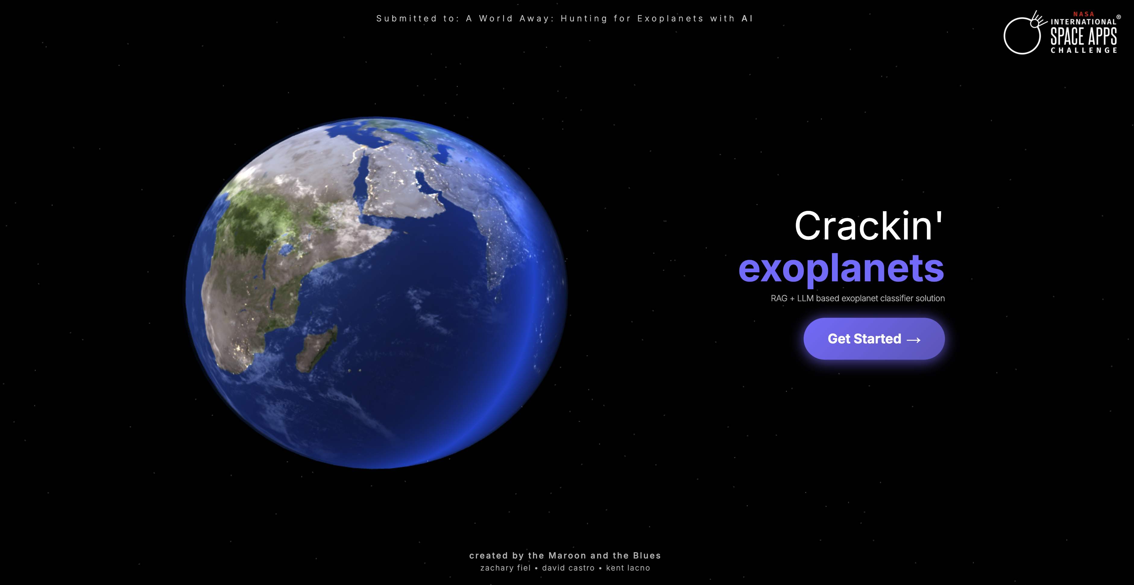 PlanetCracker interface with globe and exoplanet classifier hero section.